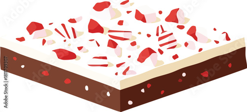 Illustration of a festive chocolate brownie with white frosting and crushed peppermint candy topping.