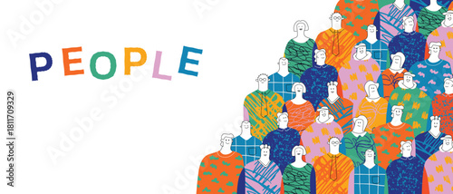 A vivid, textured illustration of a crowd of different people. A symbol of society, unity and diversity. A design template for a banner or header.