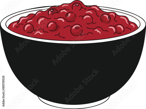 A simple cartoon illustration of a black bowl filled with red cranberry sauce.
