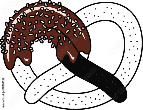 A delicious white pretzel partially dipped in rich dark chocolate and covered with colorful sprinkles, a sweet treat.