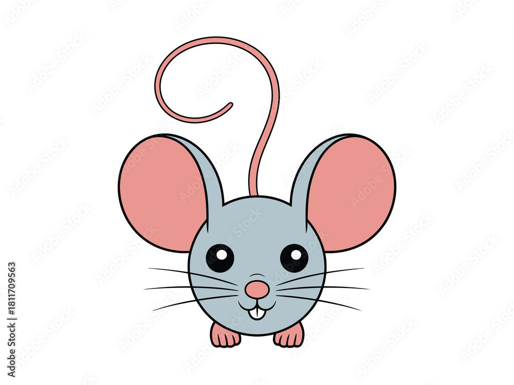 Fototapeta premium Cute cartoon mouse character with big ears and curly tail
