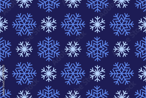 Seamless pattern with blue snowflakes on a dark background. Clean designs. Hand drawn trendy flat style. Perfect for winter decor, holiday wrapping paper, textiles, backgrounds, and festive designs