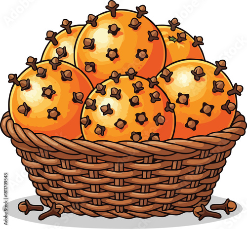 A cartoon illustration of a wicker basket filled with festive orange and clove pomanders.