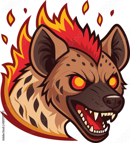 Fierce and aggressive flaming hyena head mascot with glowing red eyes