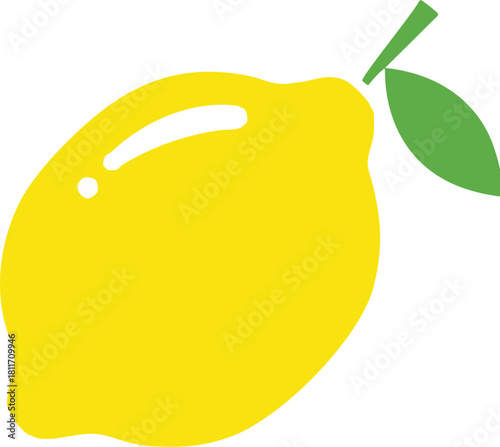 A simple vector illustration of a bright yellow lemon with a single green leaf.