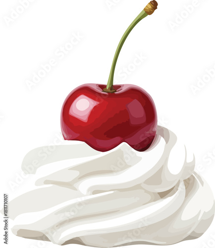 A single bright red cherry with a stem sits atop a perfect swirl of white whipped cream, isolated on a white background.