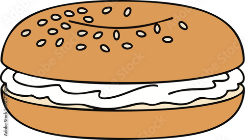 A simple illustration of a sesame seed bagel, sliced in half and filled with a generous spread of cream cheese.