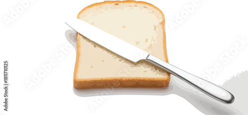 A single slice of white bread with a silver butter knife resting on top, isolated on a white background.