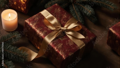 Elegant Christmas present wrapped in red and gold with a satin ribbon and glowing candle.