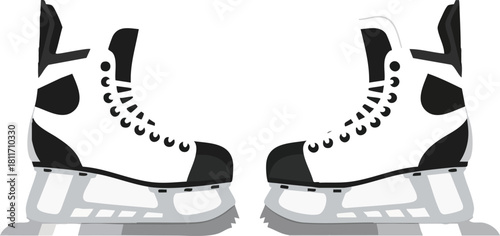 Pair of white ice skates with black accents, laces, and blades, ready for the rink.