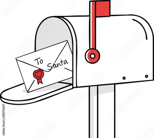 A white mailbox with a red flag up, containing an envelope addressed "To Santa" with a heart wax seal.