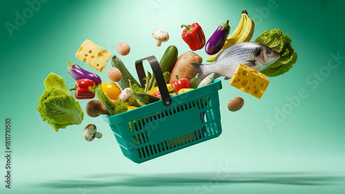 A photorealistic product shot of a teal-colored shopping basket with a handle, exploding with fresh groceries against a mint green backgroun