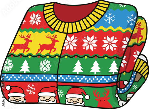 A colorful folded ugly Christmas sweater featuring festive patterns of Santa, reindeer, and snowflakes.