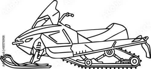Black and white line art illustration of a modern snowmobile with skis, handlebars, seat, and a detailed track system for winter recreation.
