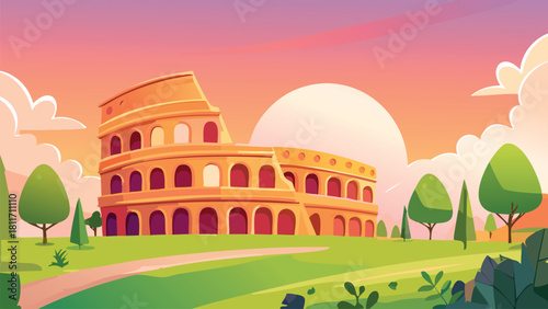 Colosseum in rome italy at sunset with park landscape