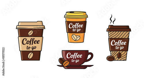 A colorful illustration displaying various coffee cup and bean designs