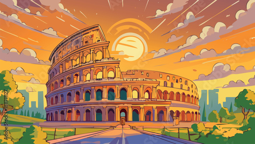 Colosseum rome landmark at sunset cartoon illustration