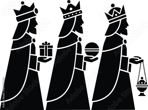 Silhouette depiction of the three wise men, each carrying gifts, in a procession, with crowns.
