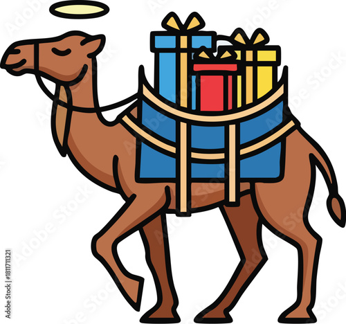A holy dromedary camel with a halo carrying a pack of colorful wrapped gifts on its back.