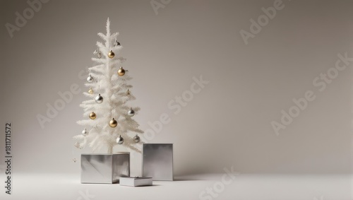 Elegant White Christmas Tree with Silver Ornaments and Gift Boxes.