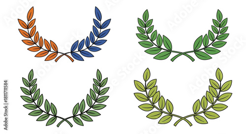 Colorful laurel wreaths in orange blue and green hues arranged in a grid