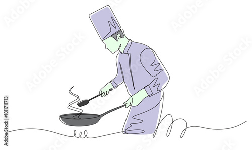Continuous line art of a male professional chef cooking a delicious and perfect meal for a customer. This image is for a restaurant banner. Vector illustration with attractive colors.