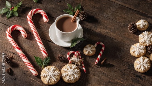 Cozy Christmas Morning Hot Chocolate and Cookies on a Wooden Table.