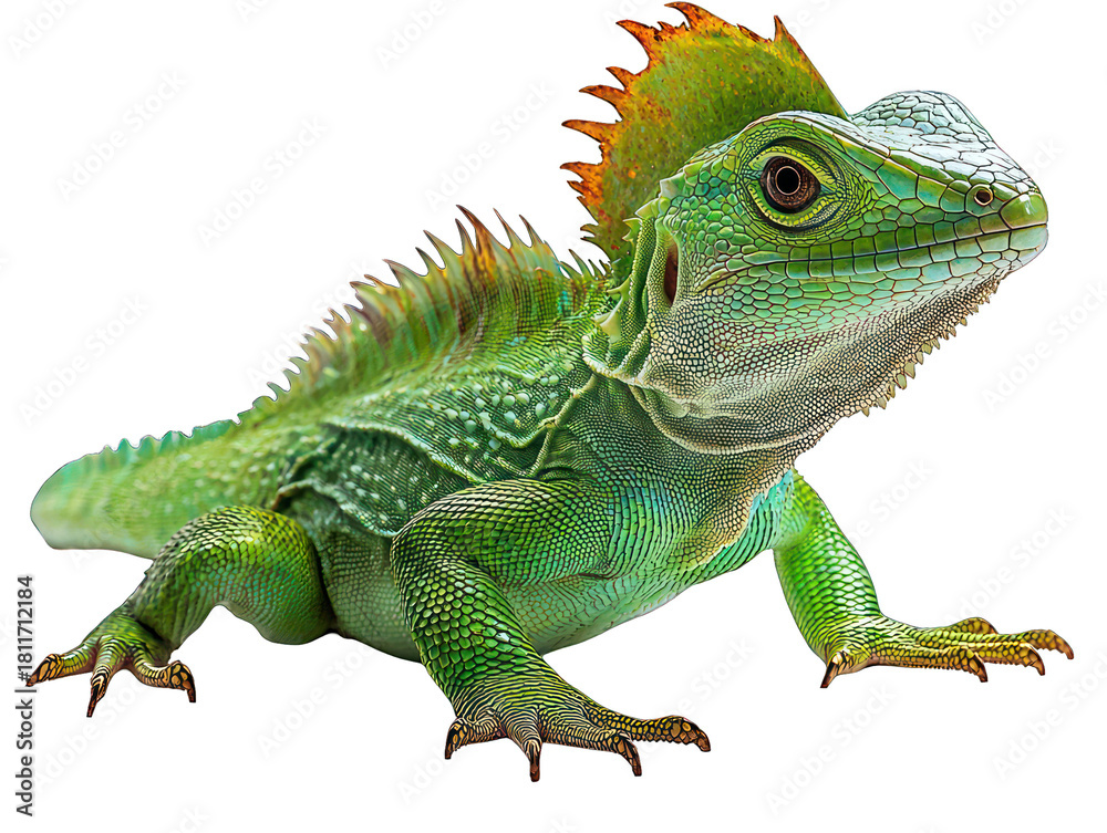 Obraz premium Vibrant green lizard with textured skin and a crested head on a dark background