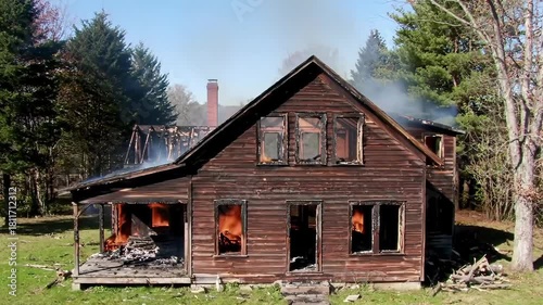 A wooden house on fire with flames coming out of the windows and smoke rising from the roof, highlighting a scene of destruction and loss