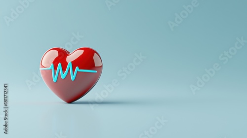 Minimalist 3D Red Heart with Blue Line on Soft Blue Background