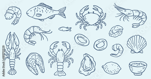 A set of hand-drawn seafood doodles including fish, shrimp, crab, lobster, oysters, mussels, lemon, and a rice bowl, illustrated in a simple black line art style.
