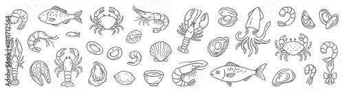 Seamless seafood pattern featuring hand-drawn fish, crabs, shrimp, lobsters, squid, oysters, mussels, lemon slices and a rice bowl, arranged in a clean linear doodle style.