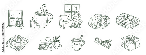 Cozy winter doodle set with candles, hot drinks, window views, armchair, Christmas tree, gingerbread, pastries, cinnamon sticks, blanket and a wrapped gift.