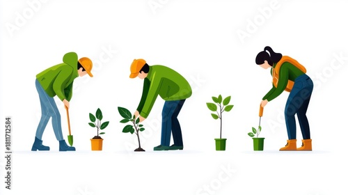 Minimalistic Flat Vector Illustration of People Planting Young Plants