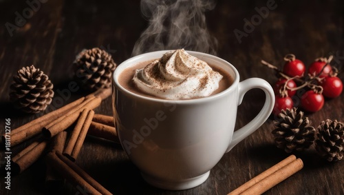 Cozy Hot Chocolate with Whipped Cream and Cinnamon Sticks.