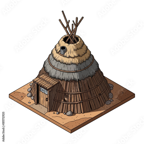 Isometric perspective of a traditional earth lodge dwelling structure