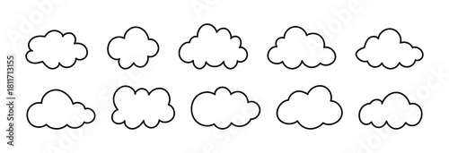 Clouds outline icon collection. Doodle fluffy clouds set. Puffy, cumulus clouds patterns. Cloudy forms in black thin contour. Weather element templates. Hand drawn cute flat icons. Objects cloudscape.