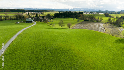 Winding Country Road Green Fields Aerial Countryside Landscape