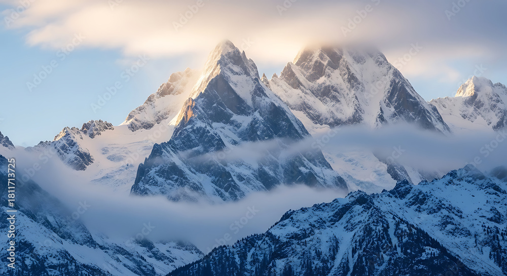 Obraz premium Majestic snow-capped mountains pierce through soft clouds under a golden sunrise.