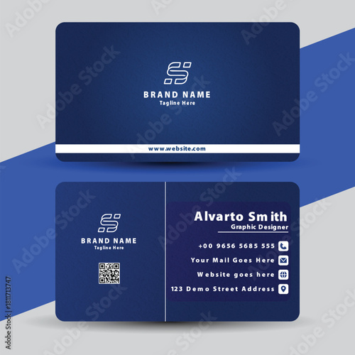 Modern dark blue business card template with brand name logo and contact information on both sides