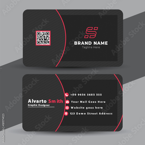 Modern and professional dark business card design with qr code and company branding elements