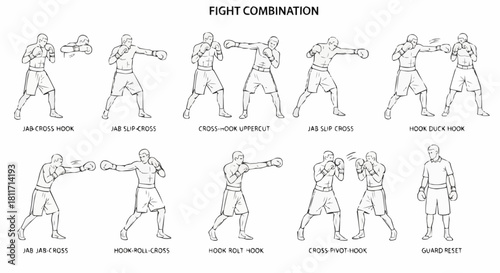 Boxing Fight Combination Techniques Illustrated in Detailed Outlines.