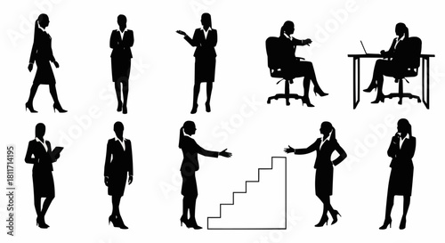Collection of Business Women Silhouettes in Various Poses.