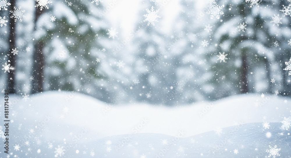 Fototapeta premium Minimal Snowy Landscape Background with Falling Winter Flakes and Christmas Copy Space