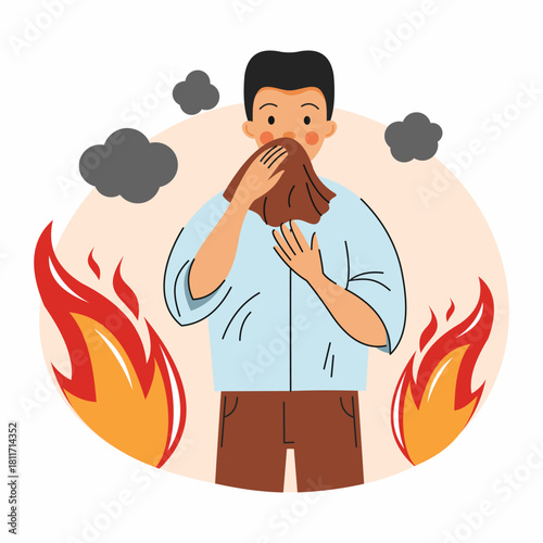 man covers his face with cloth. Protection against carbon monoxide poisoning. Fire safety measures.