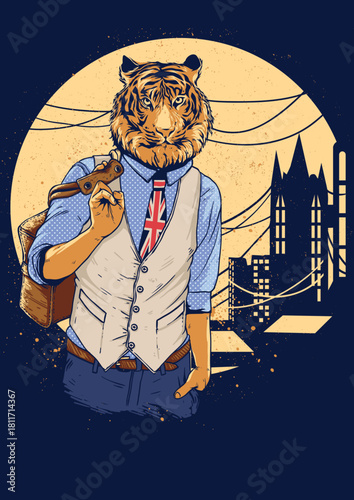 Anthropomorphic tiger businessman in shirt and tie against city