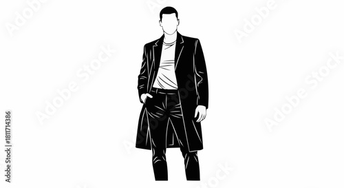 Stylish man in a long black overcoat vector illustration.