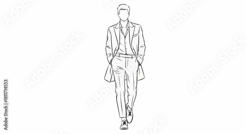 Fashion illustration sketch of a male model walking forward.
