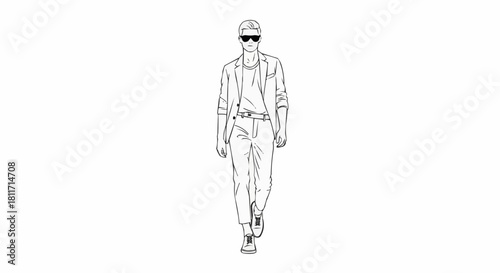 Stylish Man Walking in Casual Outfit with Sunglasses.