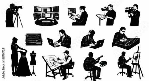 Diverse professionals engaged in various creative and technical pursuits.